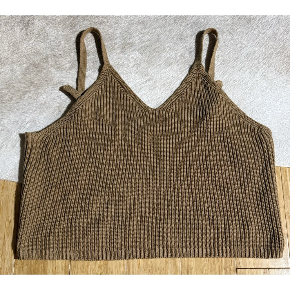 Frye Cable Knit Tan Tank Top Women's Size Large V Neck Adjustable‎ Strap Preppy